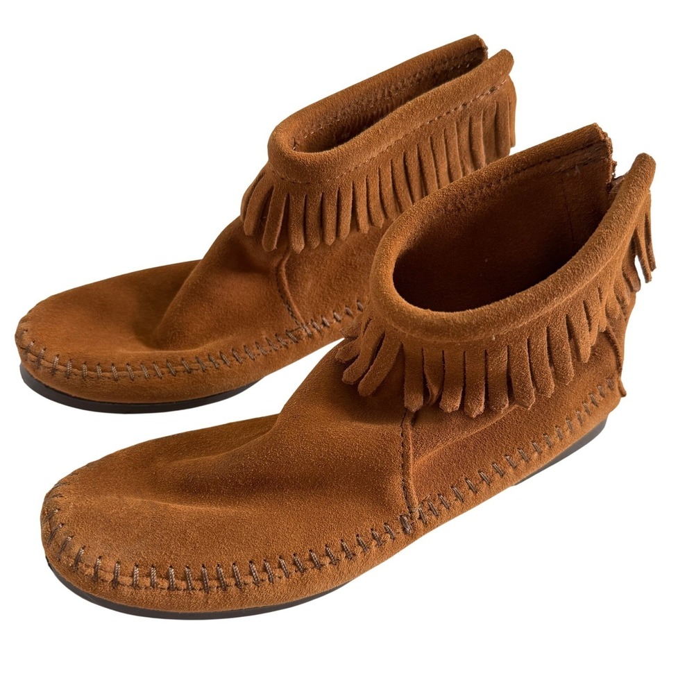 Minnetonka Brown Suede Back Zip Fringe Moccasin Ankle Boot Booties 282 Size 6